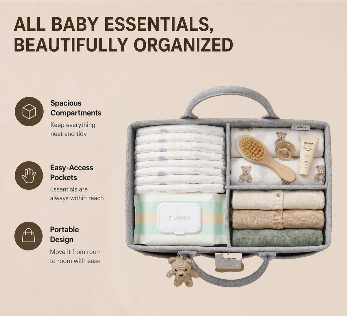 Essential Baby Caddy for Newborns. Spacious, Sturdy & Portable Diaper and Nappy Caddy for Newborn Essentials, Nursery Storage Basket & Organiser for Baby Shower Gifts & Registry Must-Haves Grey