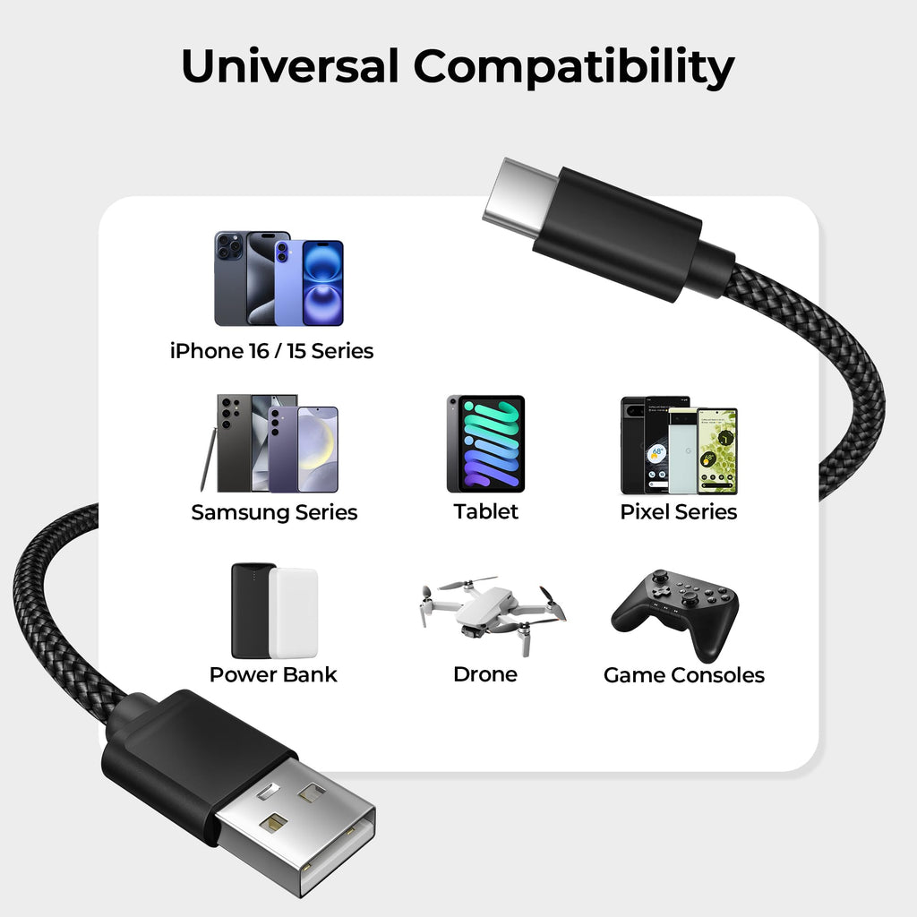 BASESAILOR USB A to USB C Charger Cable 3Pack 0.5/1/2M Black