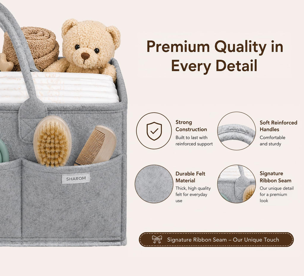 Essential Baby Caddy for Newborns. Spacious, Sturdy & Portable Diaper and Nappy Caddy for Newborn Essentials, Nursery Storage Basket & Organiser for Baby Shower Gifts & Registry Must-Haves Grey
