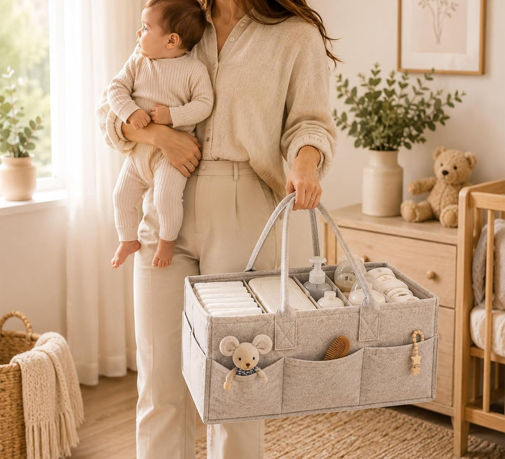 Essential Baby Caddy for Newborns. Spacious, Sturdy & Portable Diaper and Nappy Caddy for Newborn Essentials, Nursery Storage Basket & Organiser for Baby Shower Gifts & Registry Must-Haves Grey