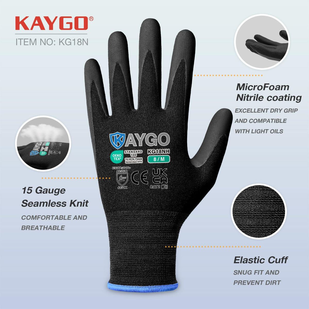 KAYGO Safety Work Gloves MicroFoam Nitrile Coated 12 Pairs, KG18NH