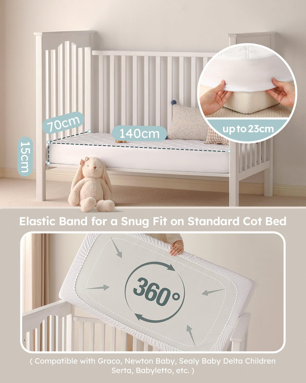 Yoofoss Waterproof Cot Bed Mattress Protector 120 x 60 cm Breathable Toddler Bed Mattress Protector Comfortable Noiseless White