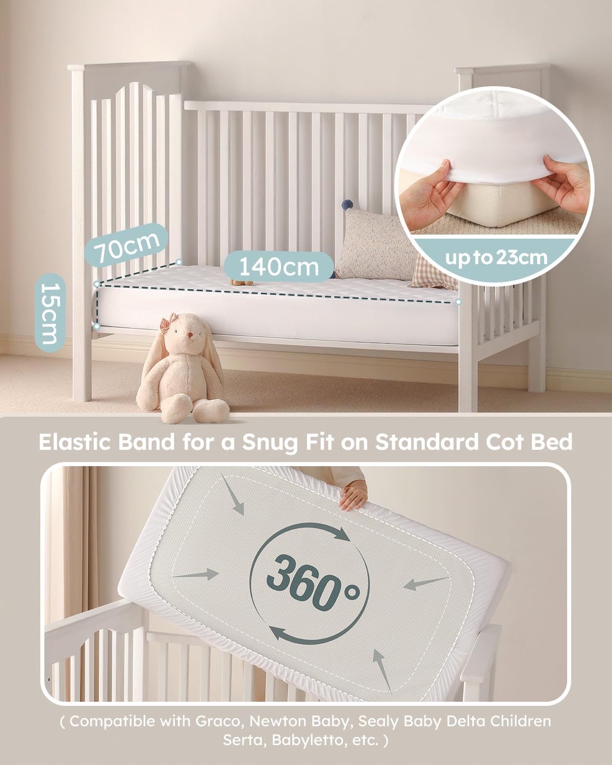Yoofoss Waterproof Cot Bed Mattress Protector 120 x 60 cm Breathable Toddler Bed Mattress Protector Comfortable Noiseless White