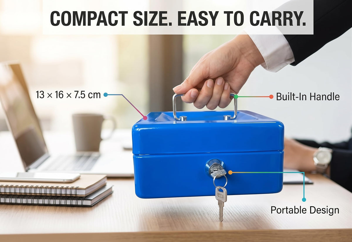 Requisite Needs Metal Money Box Tin 6" Steel Cash Safe Box Petty Cash Deposit Tin with Lock 2 Keys for Security (BLACK)
