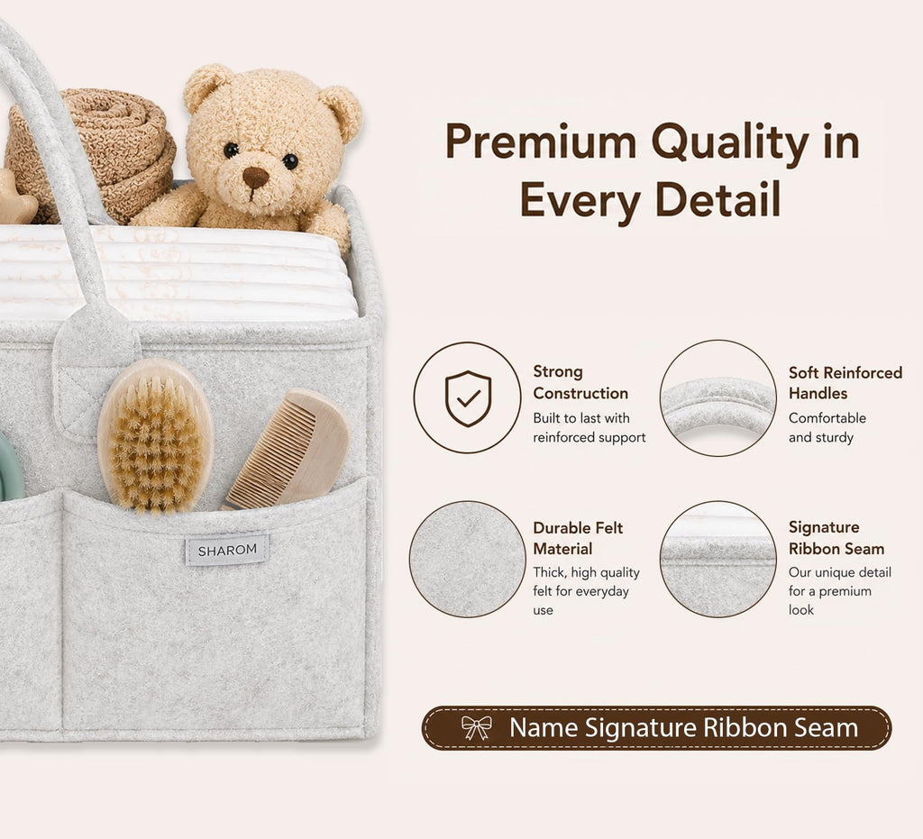 Essential Baby Caddy for Newborns. Spacious, Sturdy & Portable Diaper and Nappy Caddy for Newborn Essentials, Nursery Storage Basket & Organiser for Baby Shower Gifts & Registry Must-Haves Grey