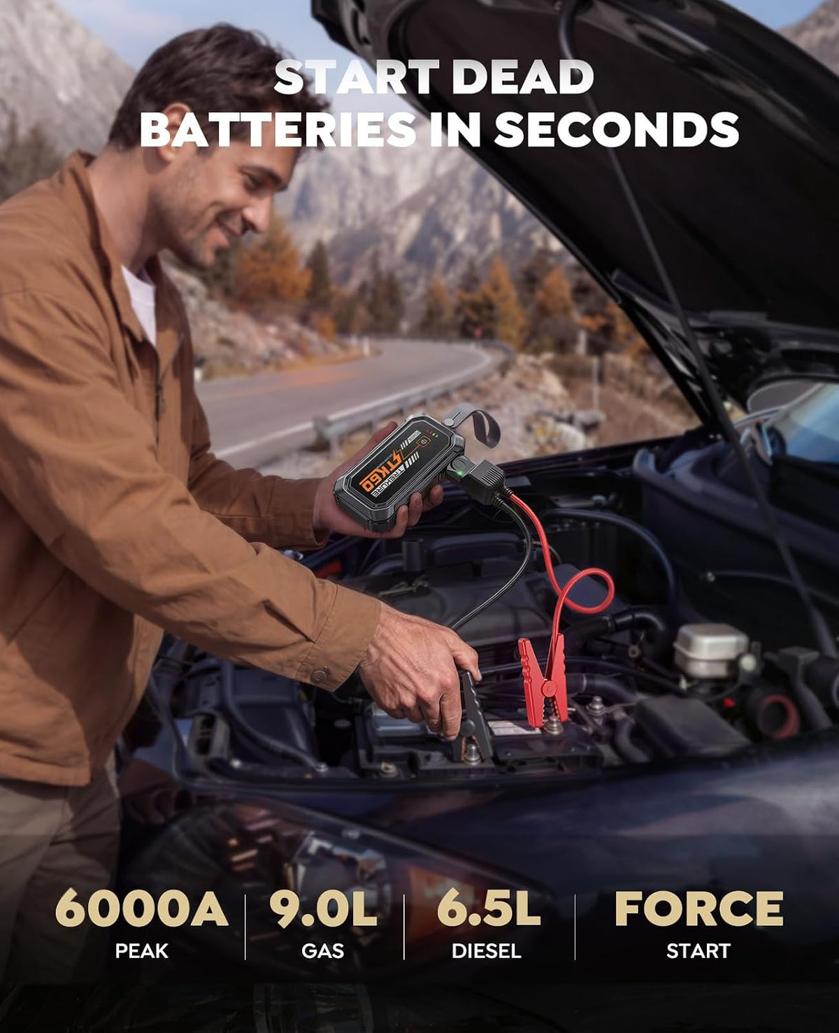 TREKURE 6000A Jump Starter Power Pack, 12V Car Battery Booster Jump Starter for up 9L Gas/6.5L Diesel Engine, Car Jump Starter with Magnetic LED Light, Car Jump Starter Power Bank with Jump Leads
