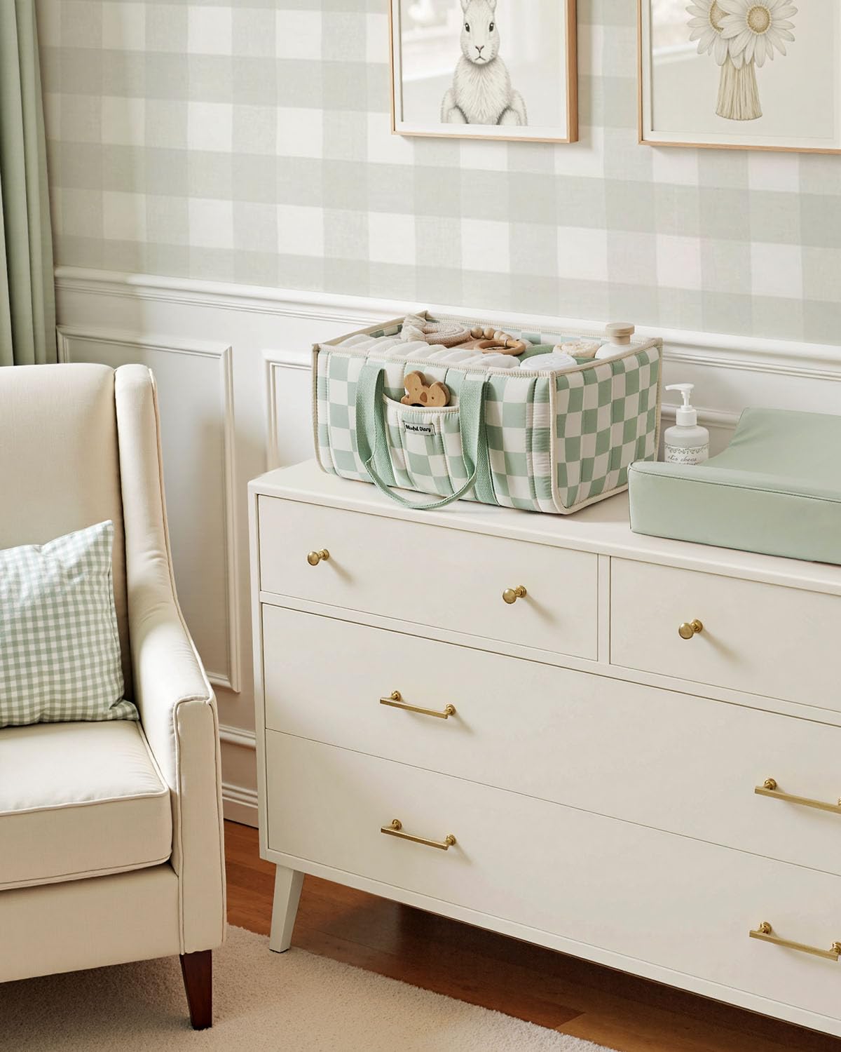 Blissful Diary Nappy Caddy Organiser, Baby Diaper Caddy for Nappy Station, Stylish Storage Basket for Newborn Essentials, Baby Shower Gifts for Girl or Boy, Sage Green
