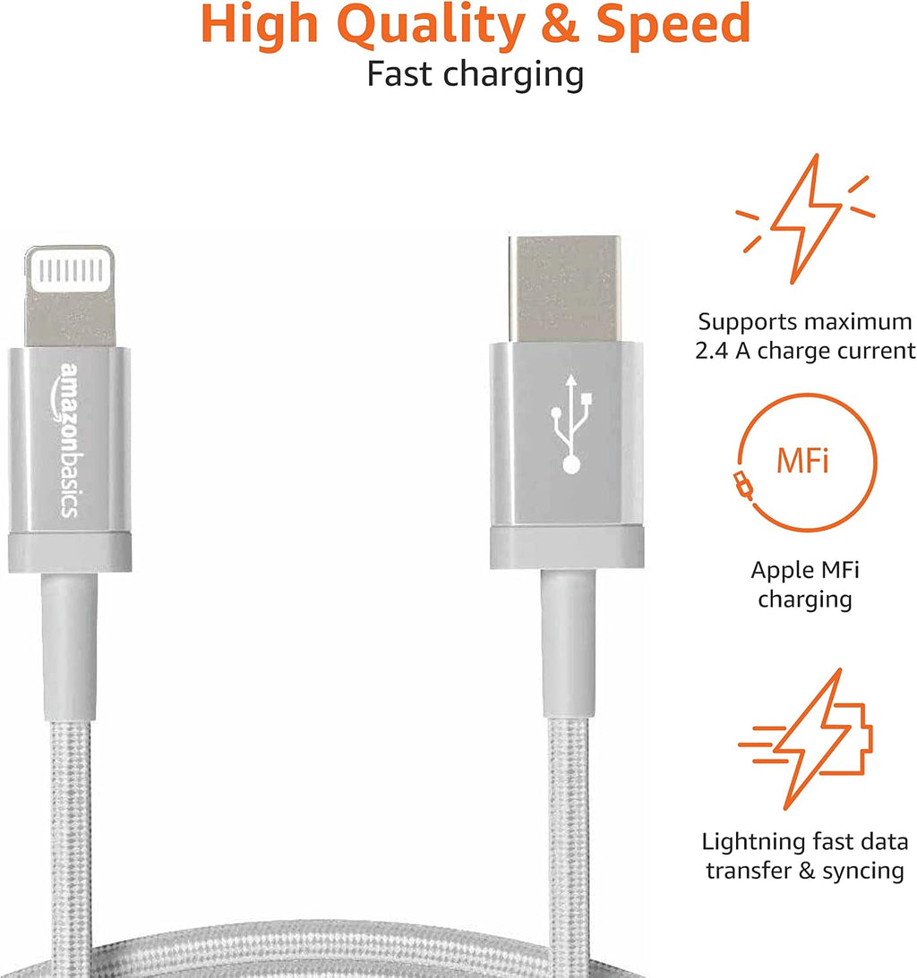 Amazon Basics USB to Lightning Cable, Nylon Braided Charger for iPhone 14 13 12 11 X iPad, 0.9 m, Silver
