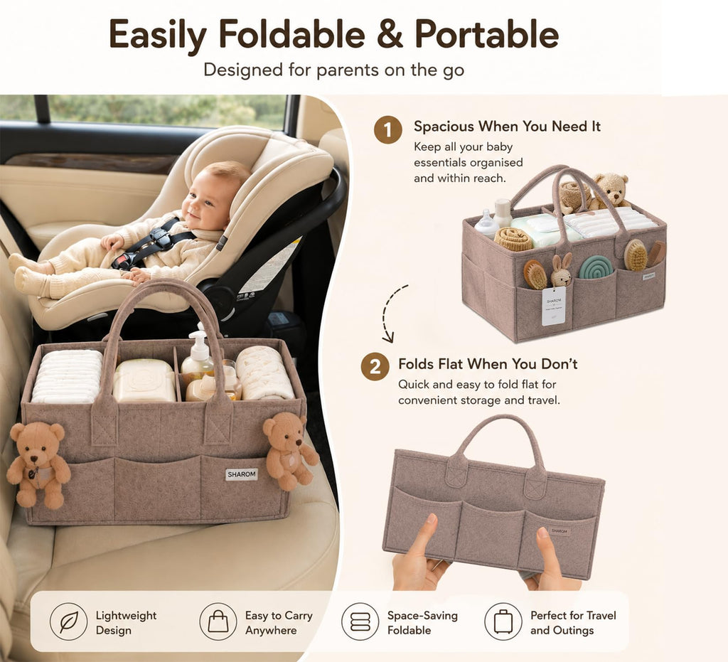 Essential Baby Caddy for Newborns. Spacious, Sturdy & Portable Diaper and Nappy Caddy for Newborn Essentials, Nursery Storage Basket & Organiser for Baby Shower Gifts & Registry Must-Haves Grey