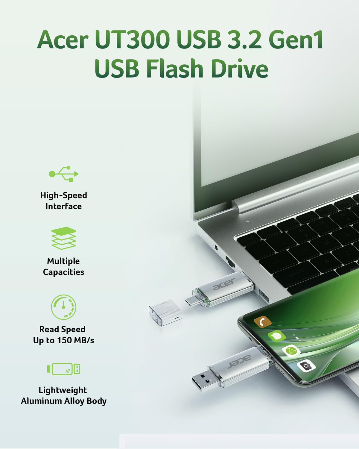 Acer UT300 USB 3.0 Flash Drive 64GB, Memory Pen Stick with Transfer Speeds Up to 150 MB/s, USB Type-C Typc-A Thumb Drive for Phones, Laptops, TVs and Audio Equipment