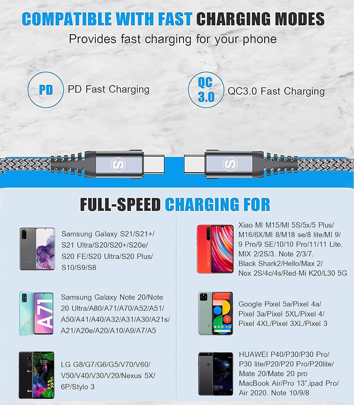 2-Pack 3m 60W USB C to USB C Charger Cable, PD Type C Super Fast Charging for iPhone 16 15 MacBook iPad Pro, Samsung Flip Fold 7 6 5 S25 S24 S23 Ultra, Steam Deck, Nintendo Switch etc