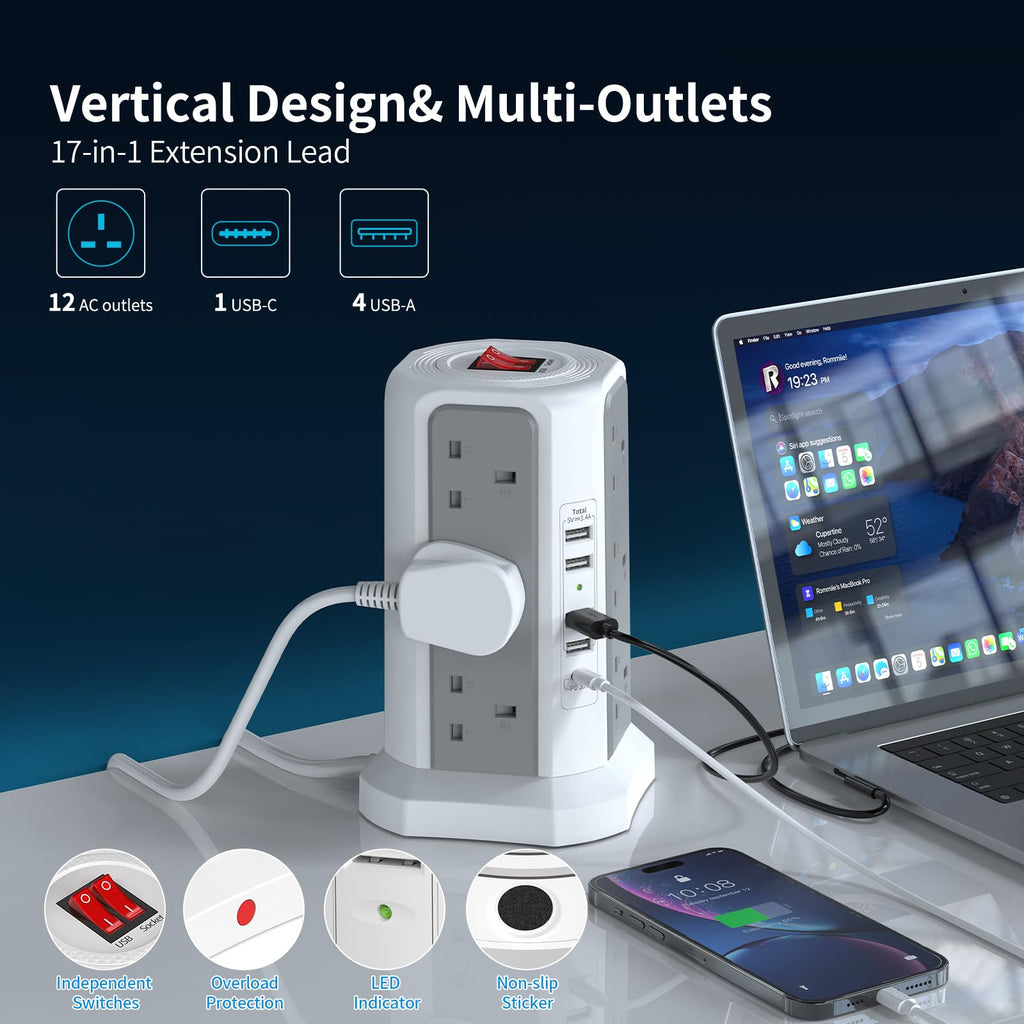 HAFINO Tower Extension Lead with USB Slots, PD18W USB C Fast Charger, 1.8M