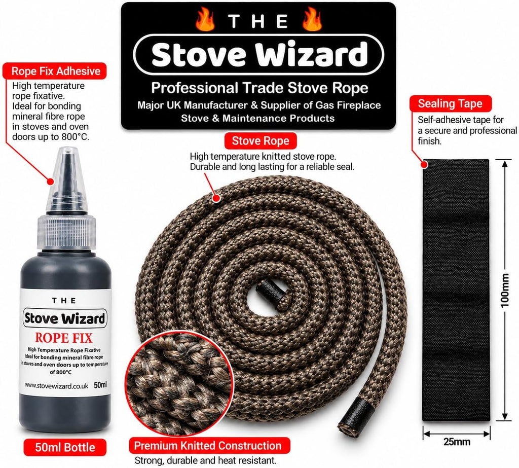Stove Rope Kit 10mm x 2.5m Black 50ml Glue 100mm Tape