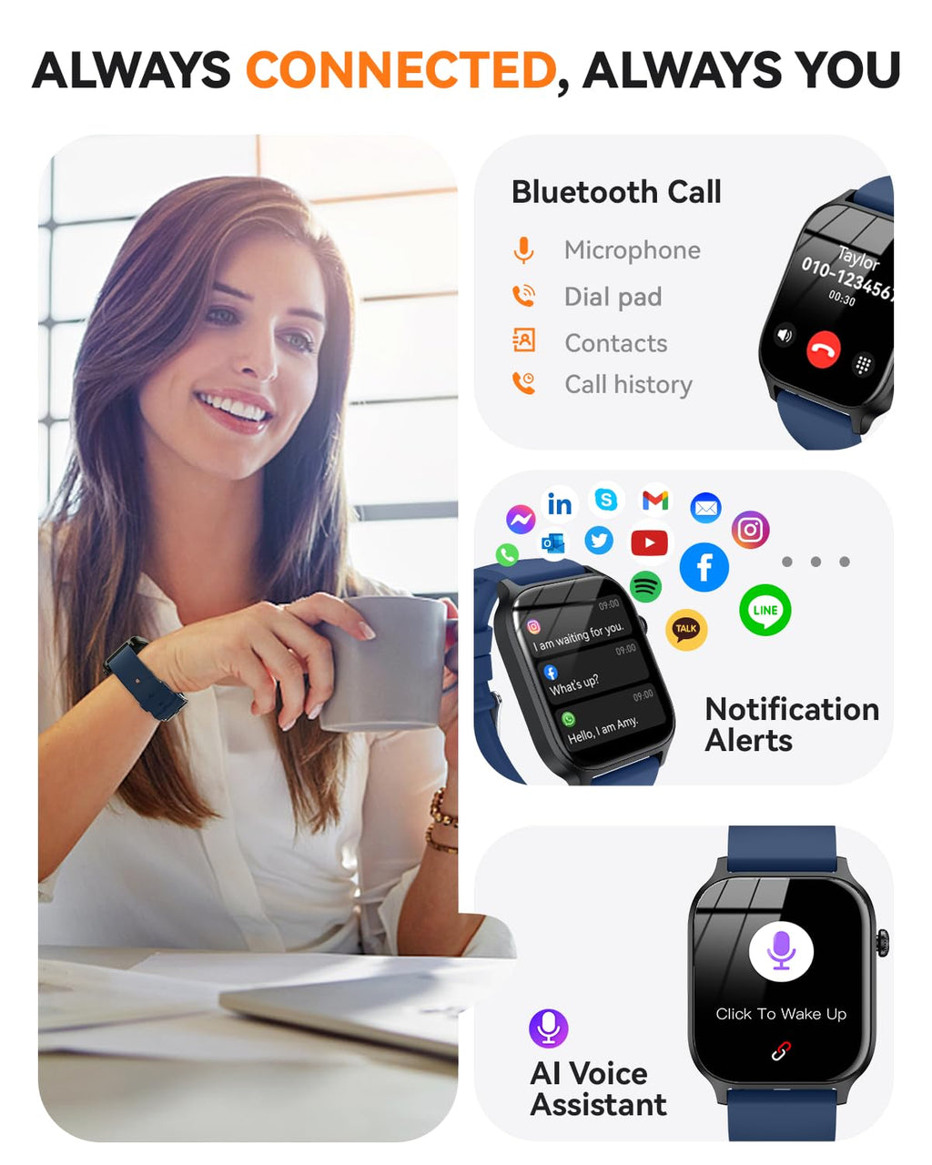 Smart Watch for Men Women- Answer/Make Call, 2024 IP68 Waterproof Fitness Tracker Watch with Sleep Step Counter Activity Smartwatch for Samsung Android iPhone iOS (Black-Blue, 1.83)