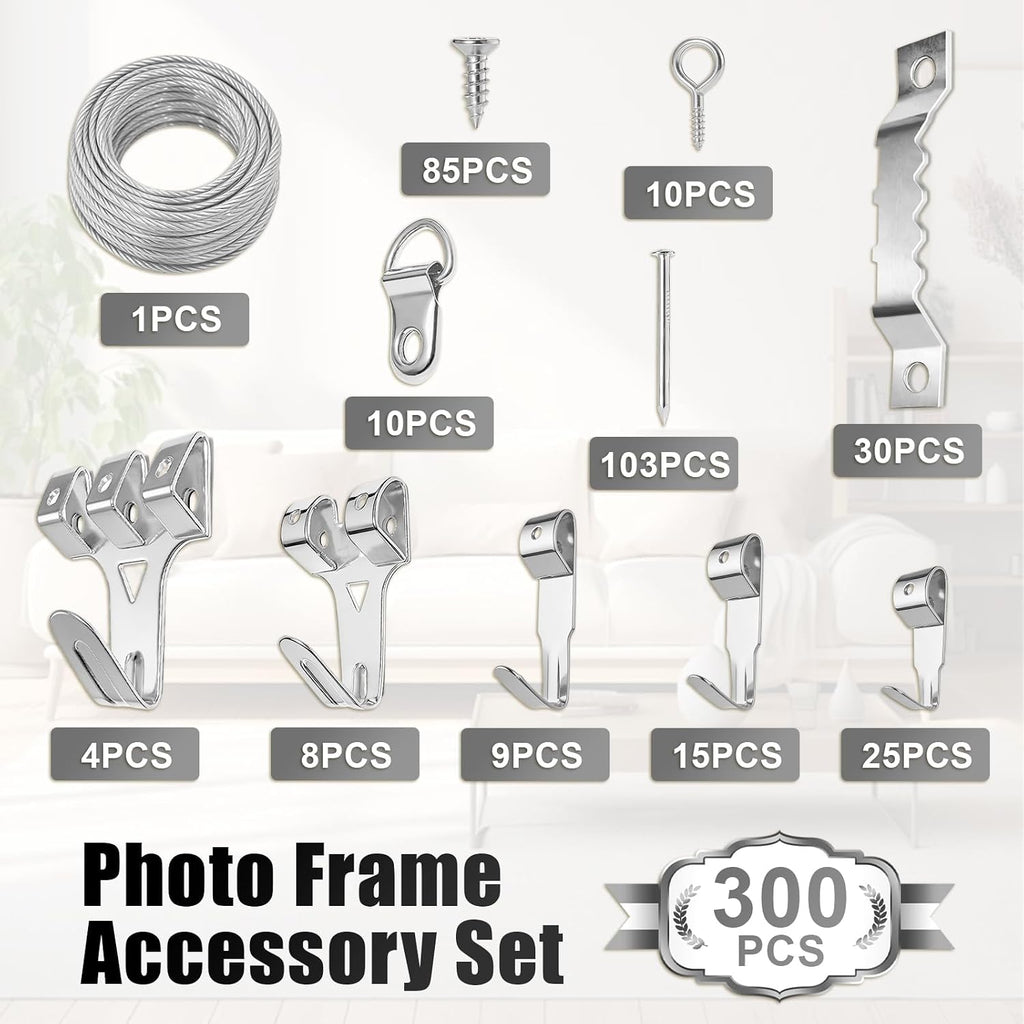 300pcs Picture Hooks Picture Hanging Kit for Picture Frame Fixing Hard Walls Photo Hooks Assorted Picture Hanger Set with Saw Tooth, D-Ring, Nails, Wire,Screws