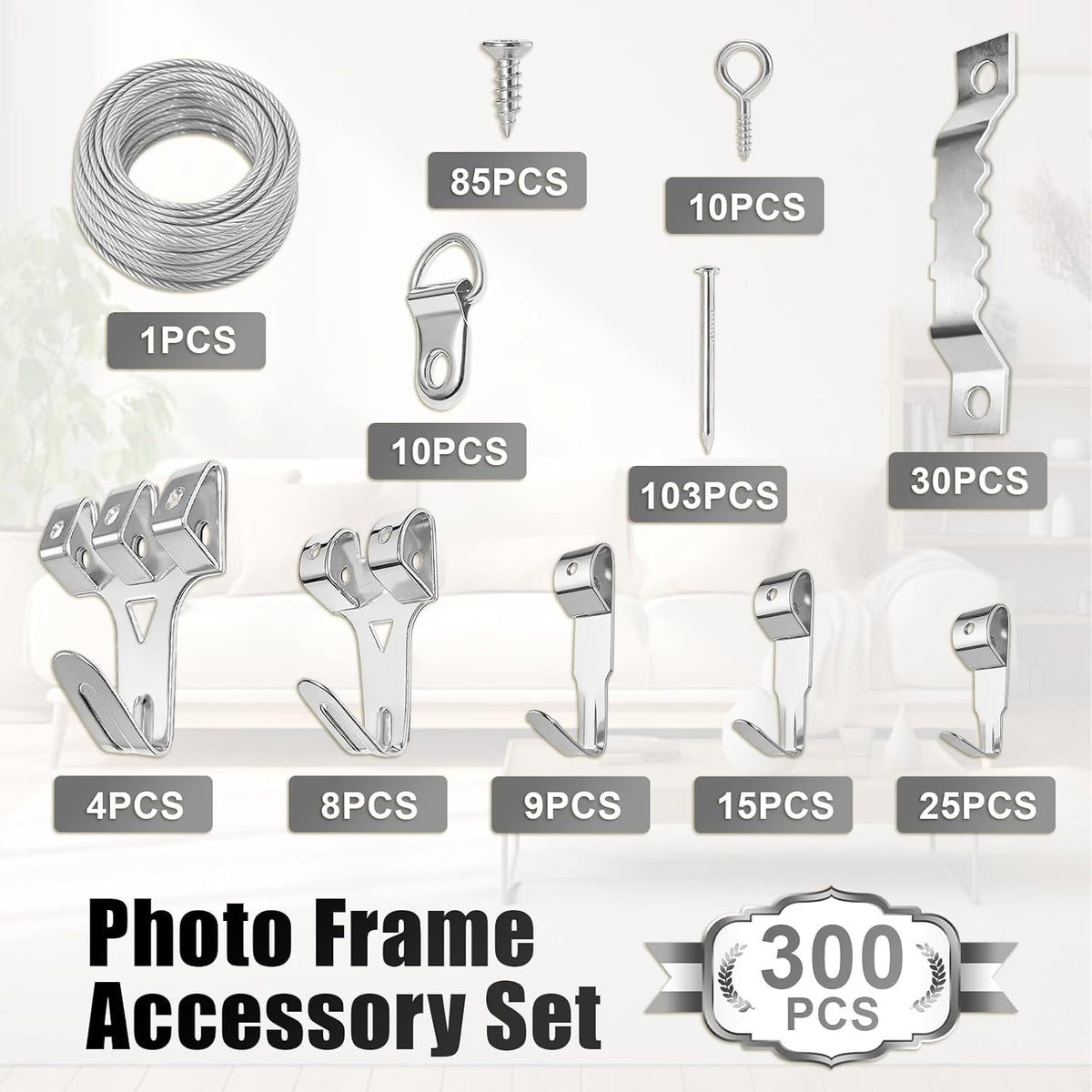 300pcs Picture Hooks Picture Hanging Kit for Picture Frame Fixing Hard Walls Photo Hooks Assorted Picture Hanger Set with Saw Tooth, D-Ring, Nails, Wire,Screws