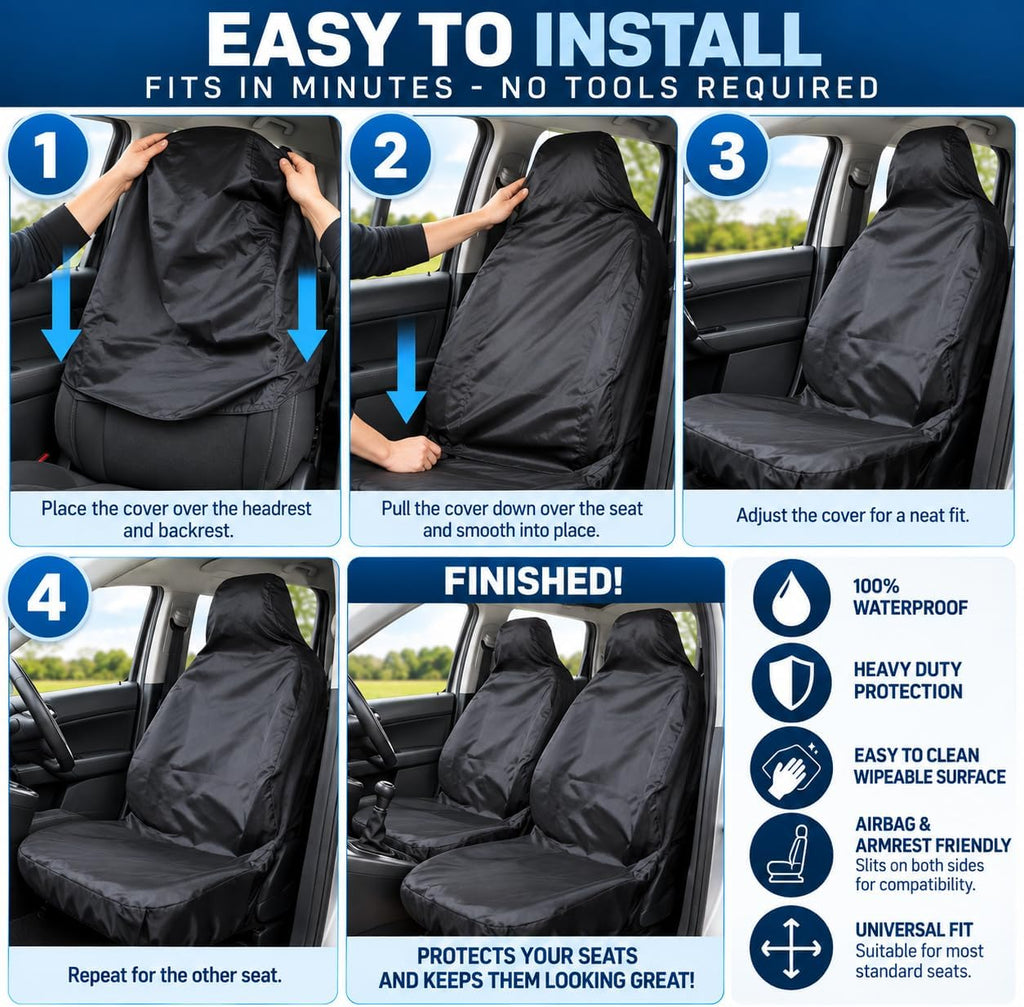 BLKWPSPFP920 Heavy Duty Black Waterproof Car Seat Covers/Protectors - 2 x Fronts