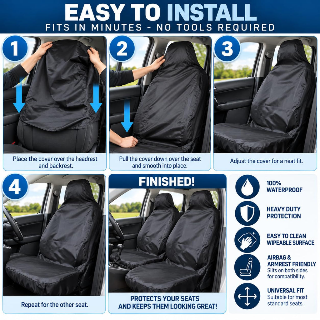 BLKWPSPFP920 Heavy Duty Black Waterproof Car Seat Covers/Protectors - 2 x Fronts