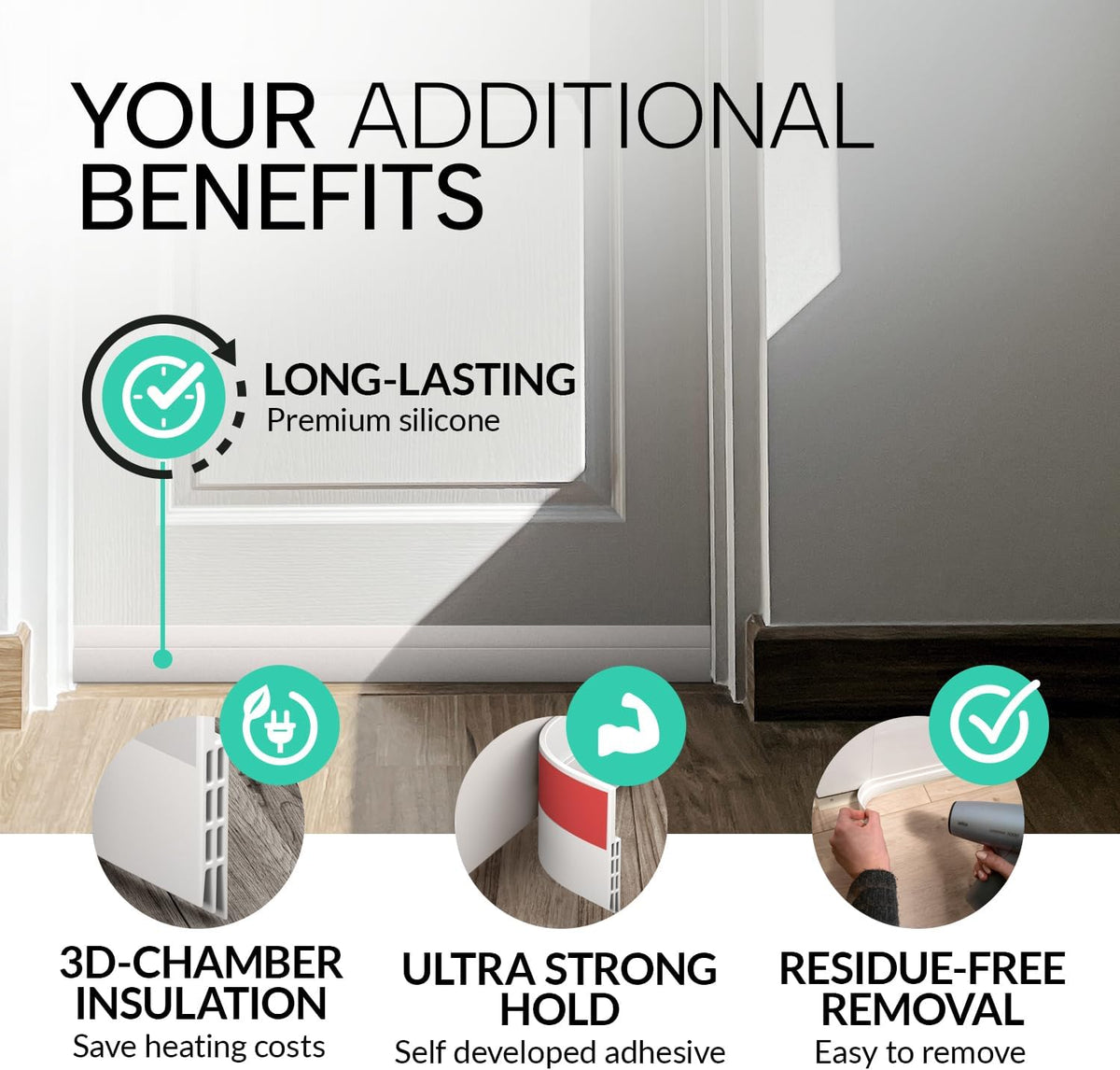 Vellure® Premium Door Draft Excluder Strip - Door Seal for Energy Saving - Quick and Easy Installation - Draught Excluder for Bottom of Door - Ideal for Keeping Out Cold