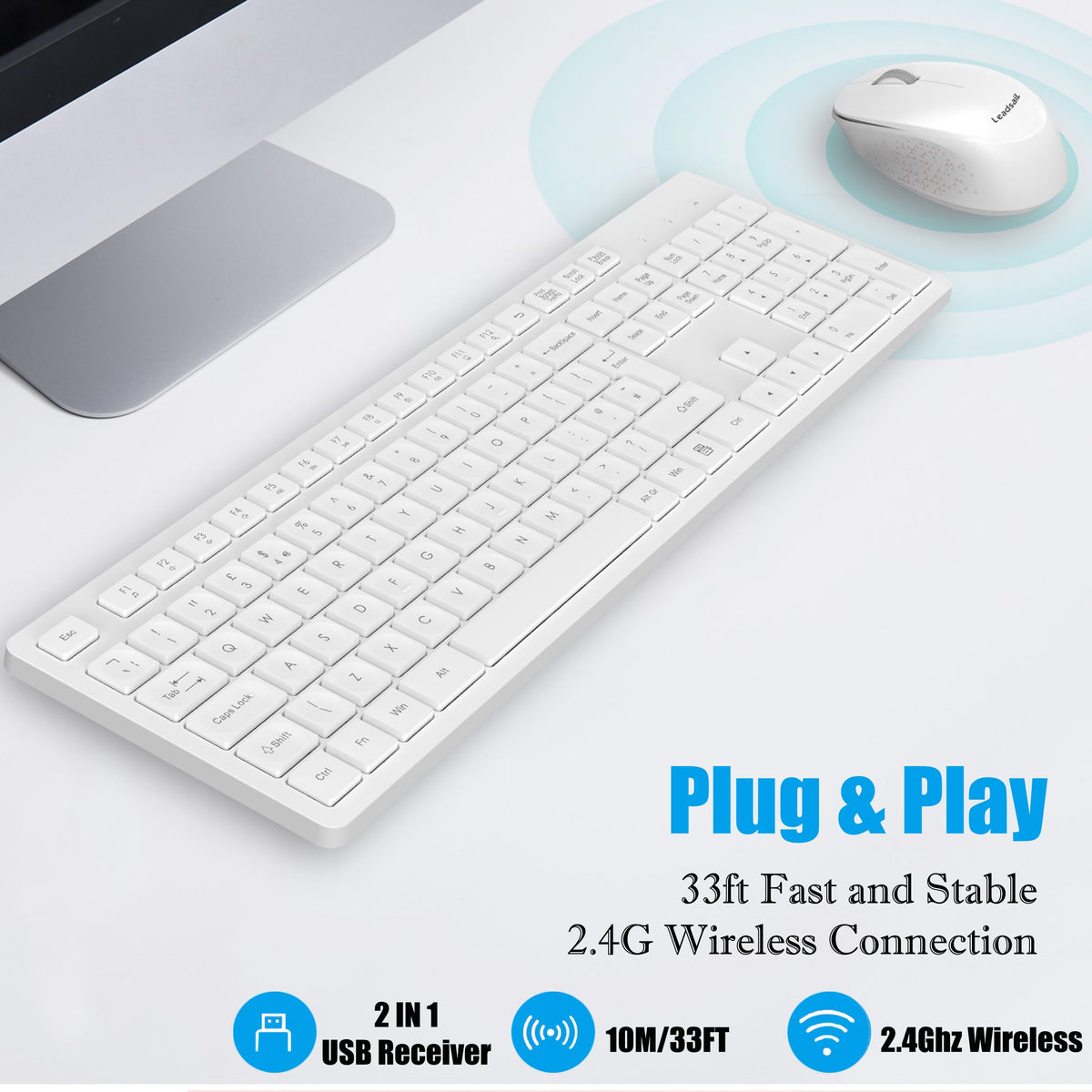 LeadsaiL Wireless Keyboard and Mouse Set, 2.4GHz USB Computer Keyboards and Mouse Combo, Ergonomic Design with 12 Multimedia Shortcuts for HP/Lenovo Laptop and Mac-Pink