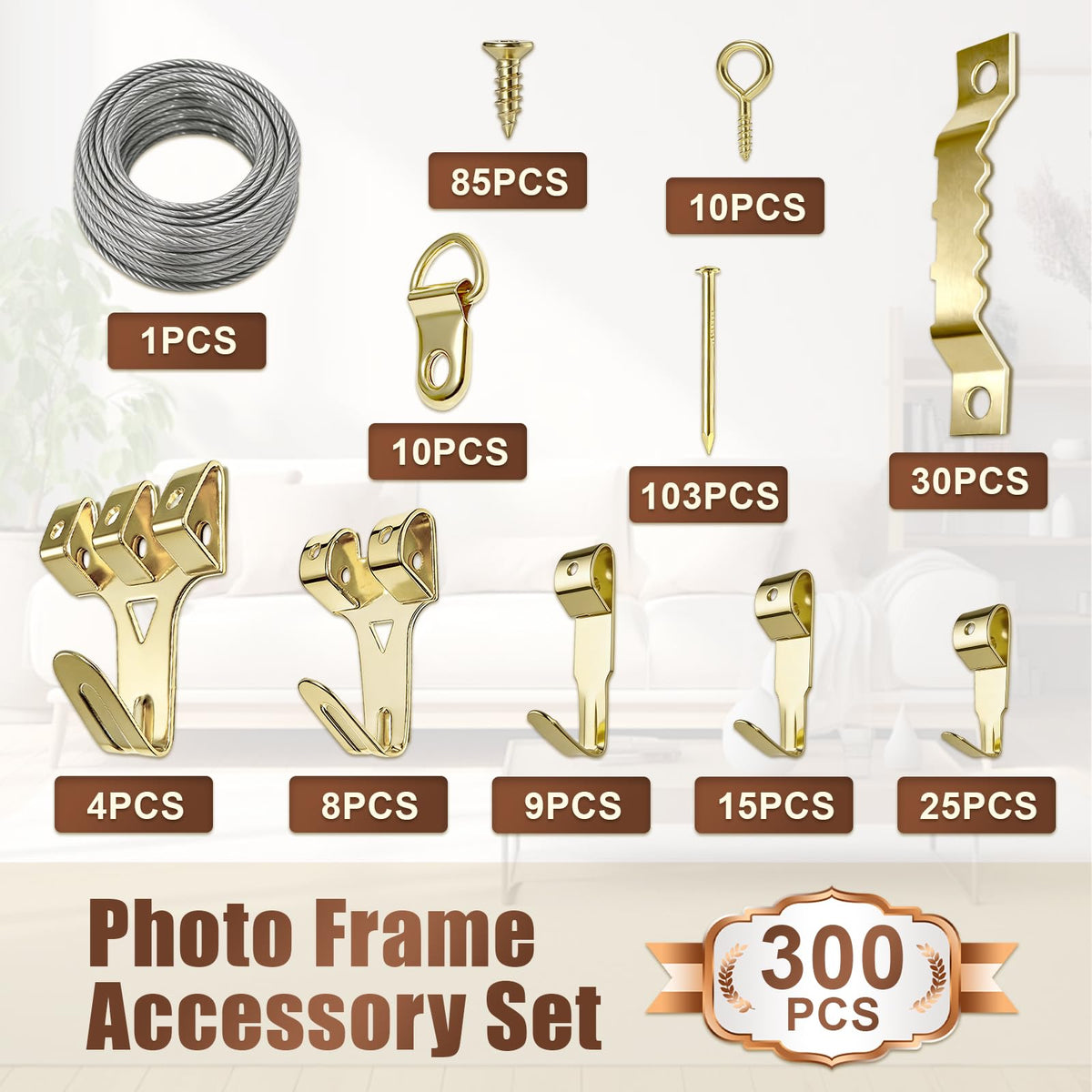 300pcs Picture Hooks Picture Hanging Kit for Picture Frame Fixing Hard Walls Photo Hooks Assorted Picture Hanger Set with Saw Tooth, D-Ring, Nails, Wire,Screws