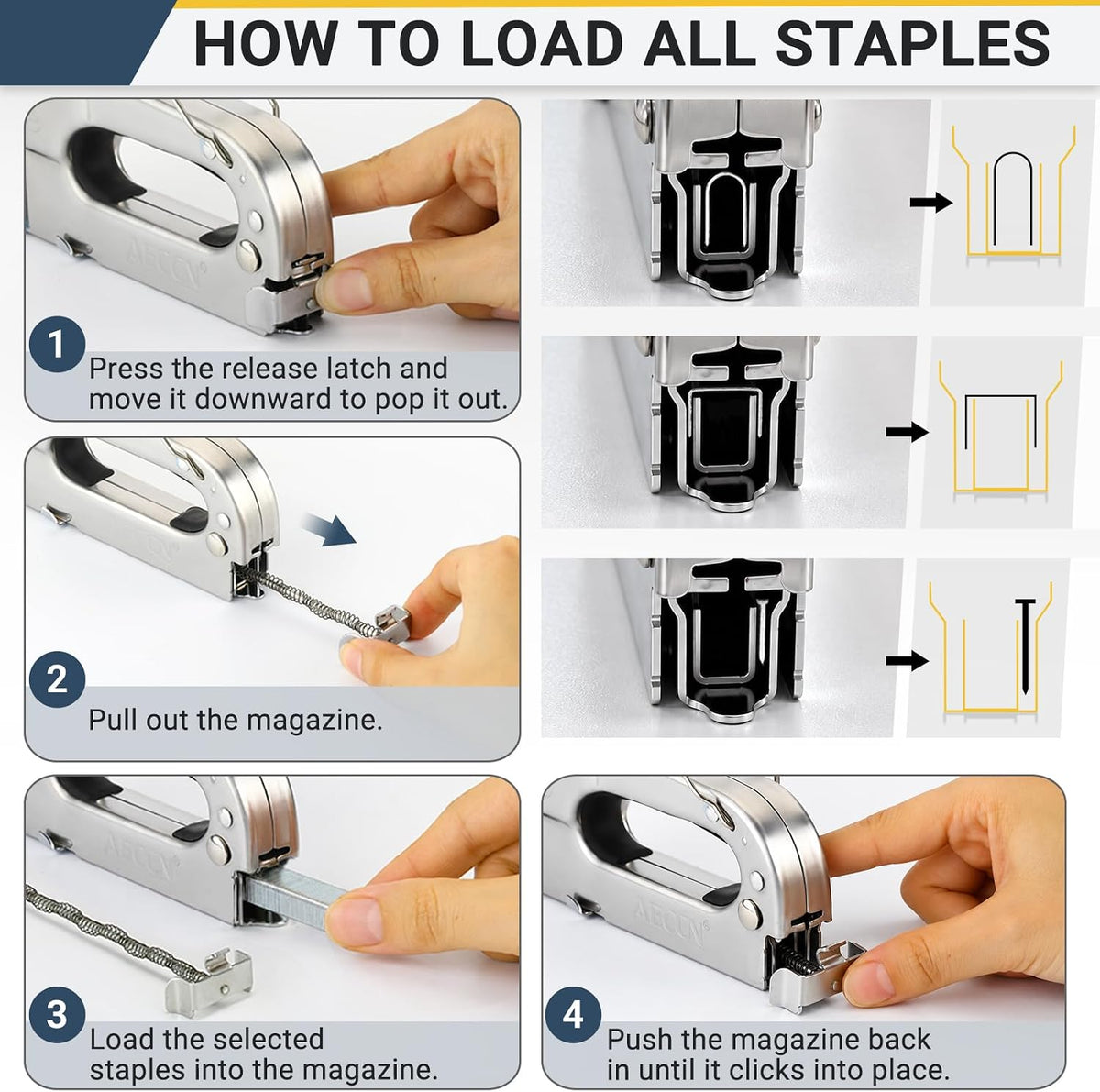 AECCN 3-in-1 Heavy Duty Staple Gun for Wood & Furniture, and DIY, Silver