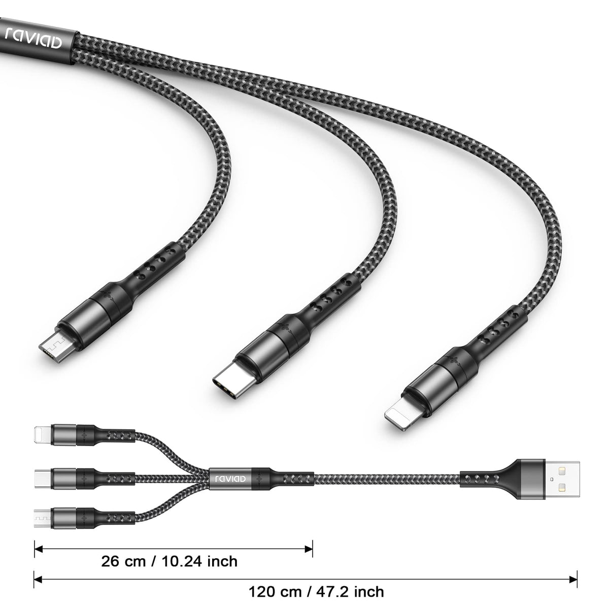 RAVIAD Multi Charger Cable, 3 in 1 Charger Cable 3A USB Fast Charging Cord