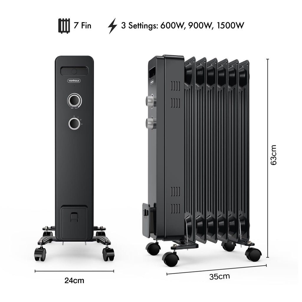 VonHaus Oil Filled Radiator 11 Fins – 2500W, 3 Heat Settings, 24 Hour Timer