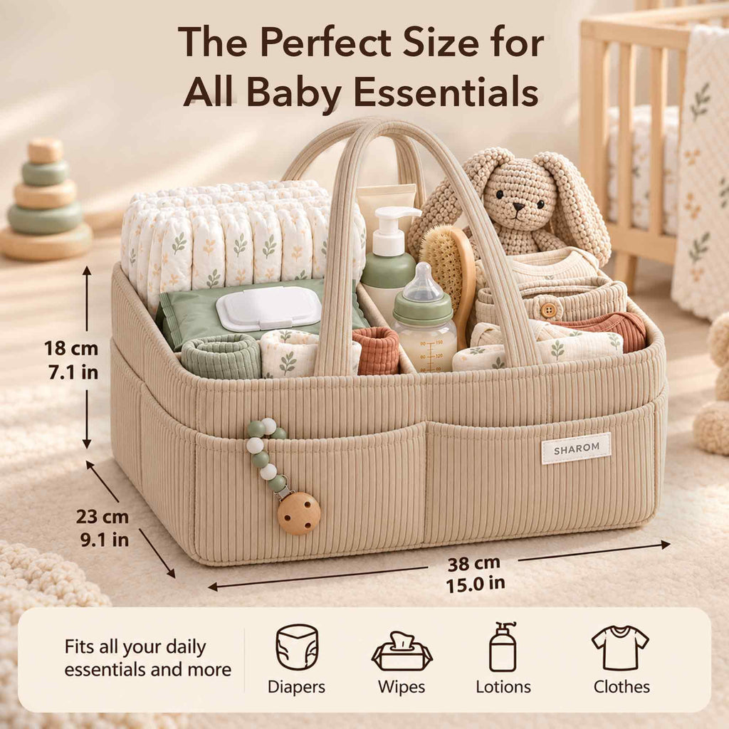 Essential Baby Caddy for Newborns. Spacious, Sturdy & Portable Diaper and Nappy Caddy for Newborn Essentials, Nursery Storage Basket & Organiser for Baby Shower Gifts & Registry Must-Haves Grey
