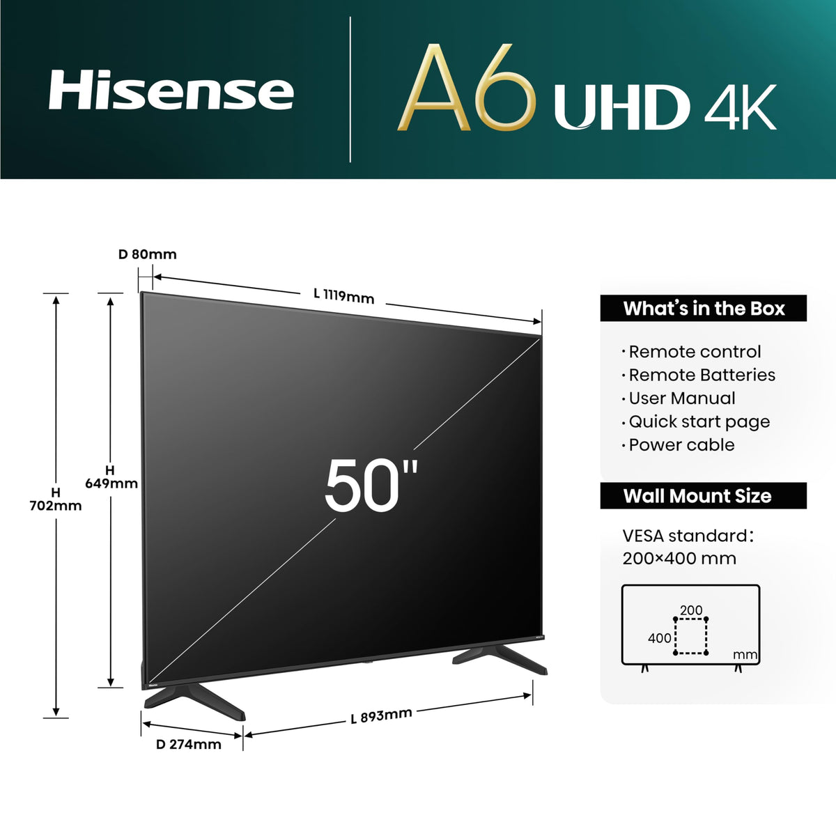 Hisense 55 Inch 55E6QTUK 4K Ultra HD Smart AI TV