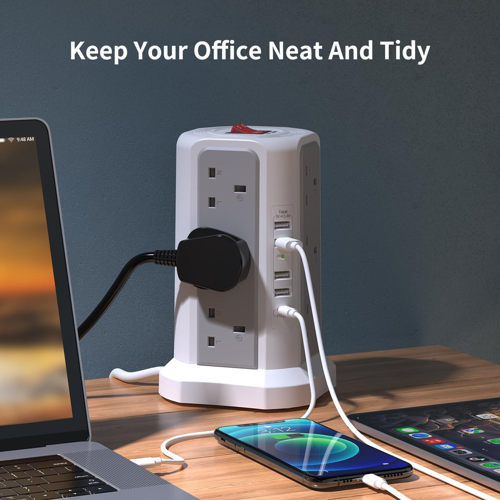 HAFINO Tower Extension Lead with USB Slots, PD18W USB C Fast Charger, 1.8M