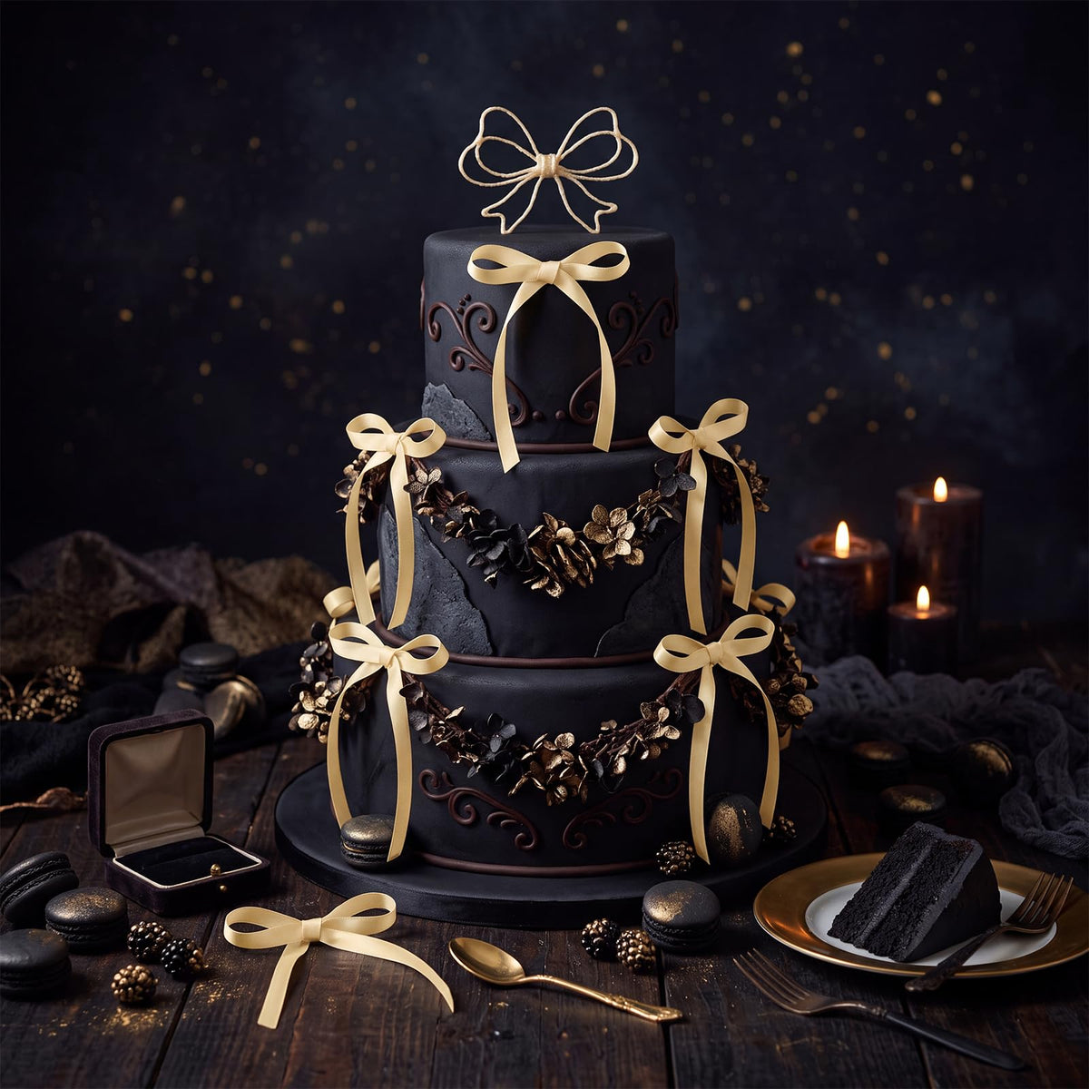 30 Pack Bow Cake Toppers Black Ribbon Bows for Cake Halloween Party Decor