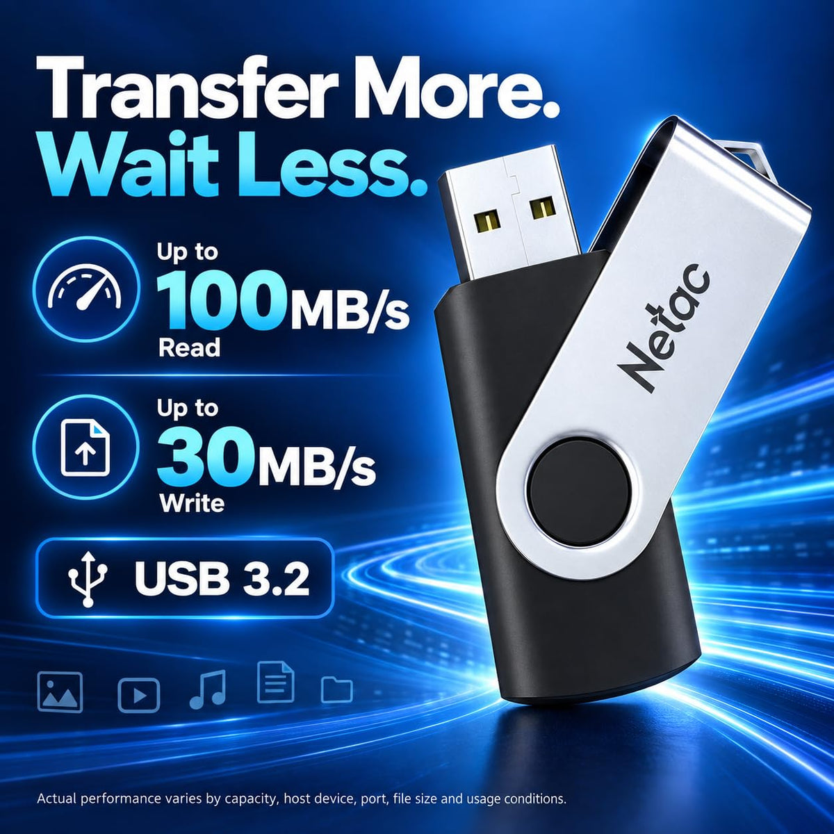 Netac 64GB USB 3.2 Flash Drive, High Speed Swivel Design Memory Stick,Up to 90/30 MB/s(R/W) Pen Drive, Thumb Drive for Data Storage, Zip Drive and jump Drive with LED Light