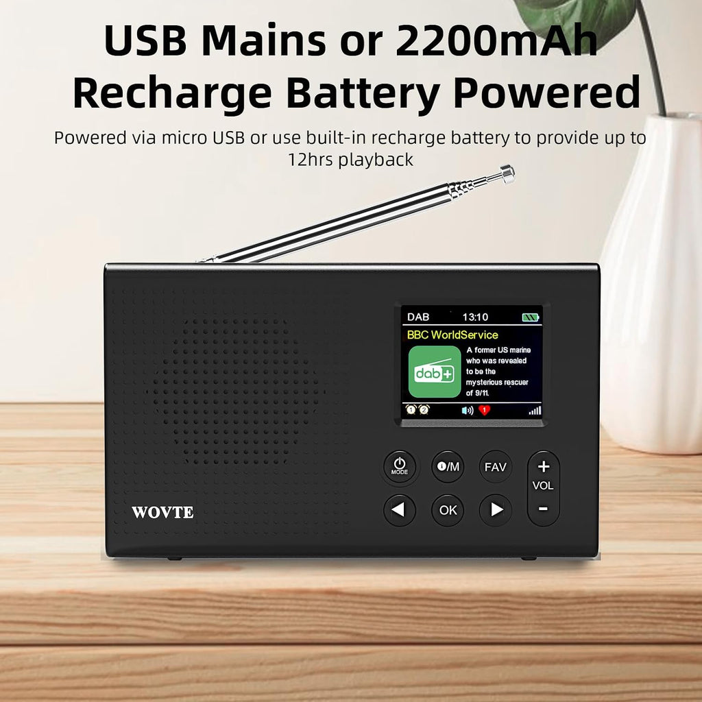 WOVTE Portable DAB/DAB+/FM Digital Colour Display Radio