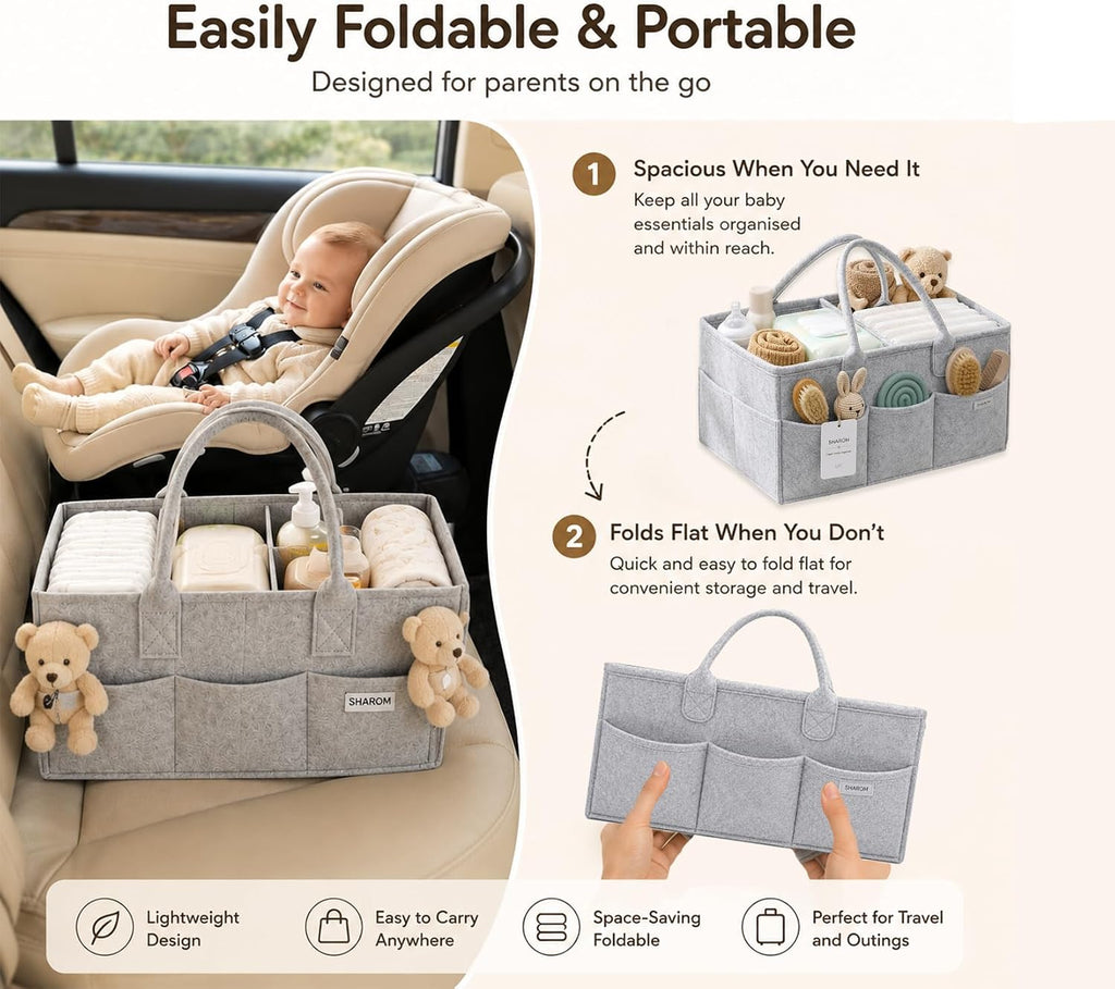 Essential Baby Caddy for Newborns. Spacious, Sturdy & Portable Diaper and Nappy Caddy for Newborn Essentials, Nursery Storage Basket & Organiser for Baby Shower Gifts & Registry Must-Haves Grey