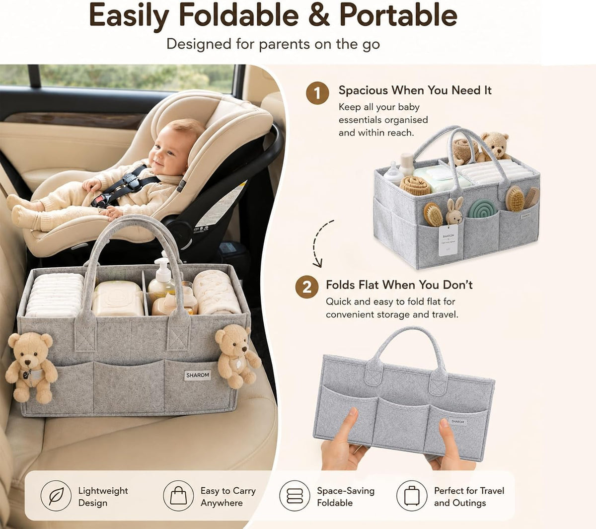 Essential Baby Caddy for Newborns. Spacious, Sturdy & Portable Diaper and Nappy Caddy for Newborn Essentials, Nursery Storage Basket & Organiser for Baby Shower Gifts & Registry Must-Haves Grey