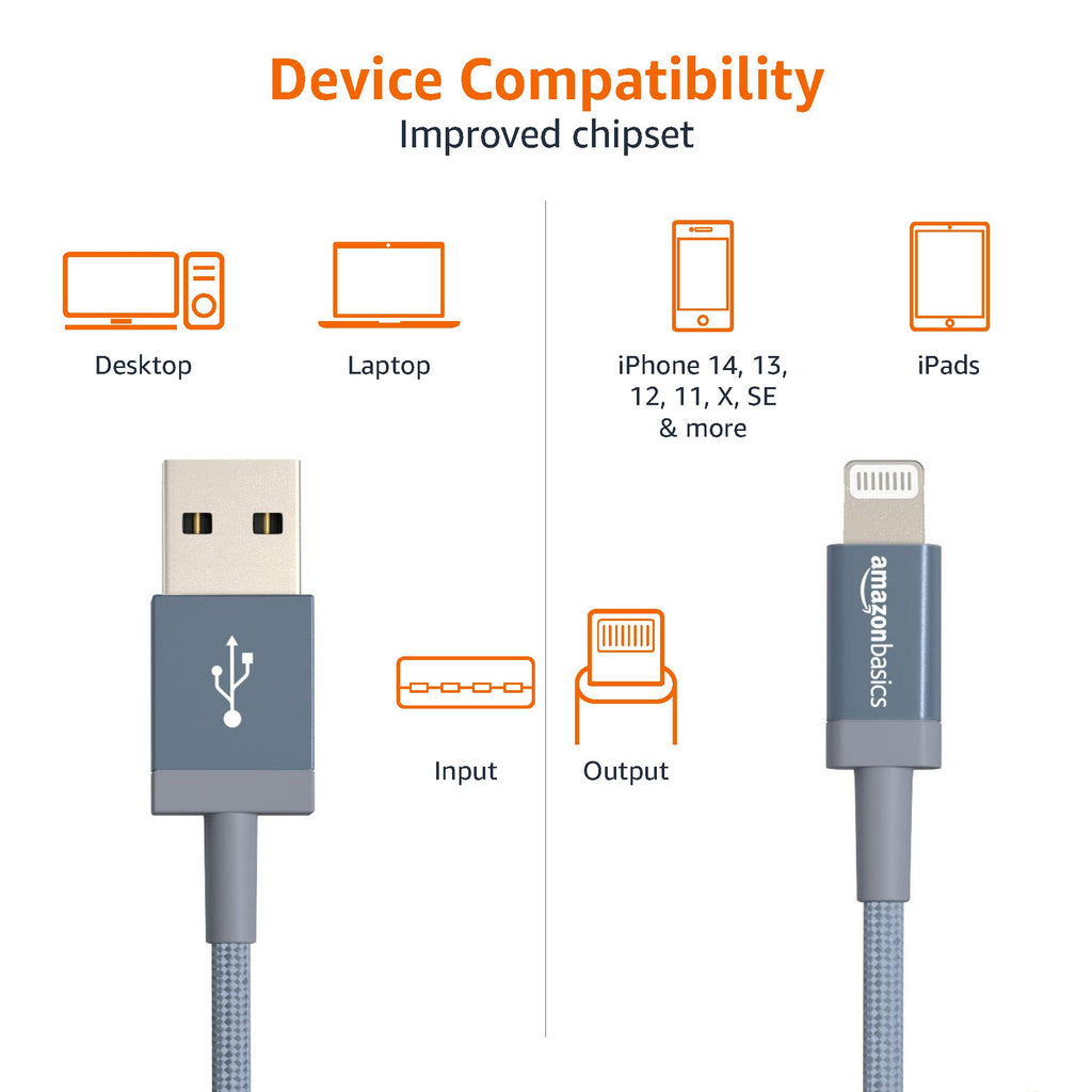 Amazon Basics USB to Lightning Cable, Nylon Braided Charger for iPhone 14 13 12 11 X iPad, 0.9 m, Silver