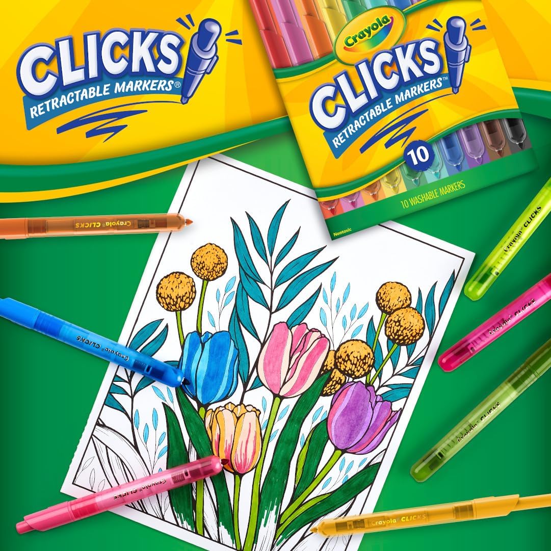Crayola Clicks Retractable Tip Markers (10ct), Washable Cone Tip Art Marker Set, Cute Aesthetic School Supplies, Classroom Must Haves, Ages 8+