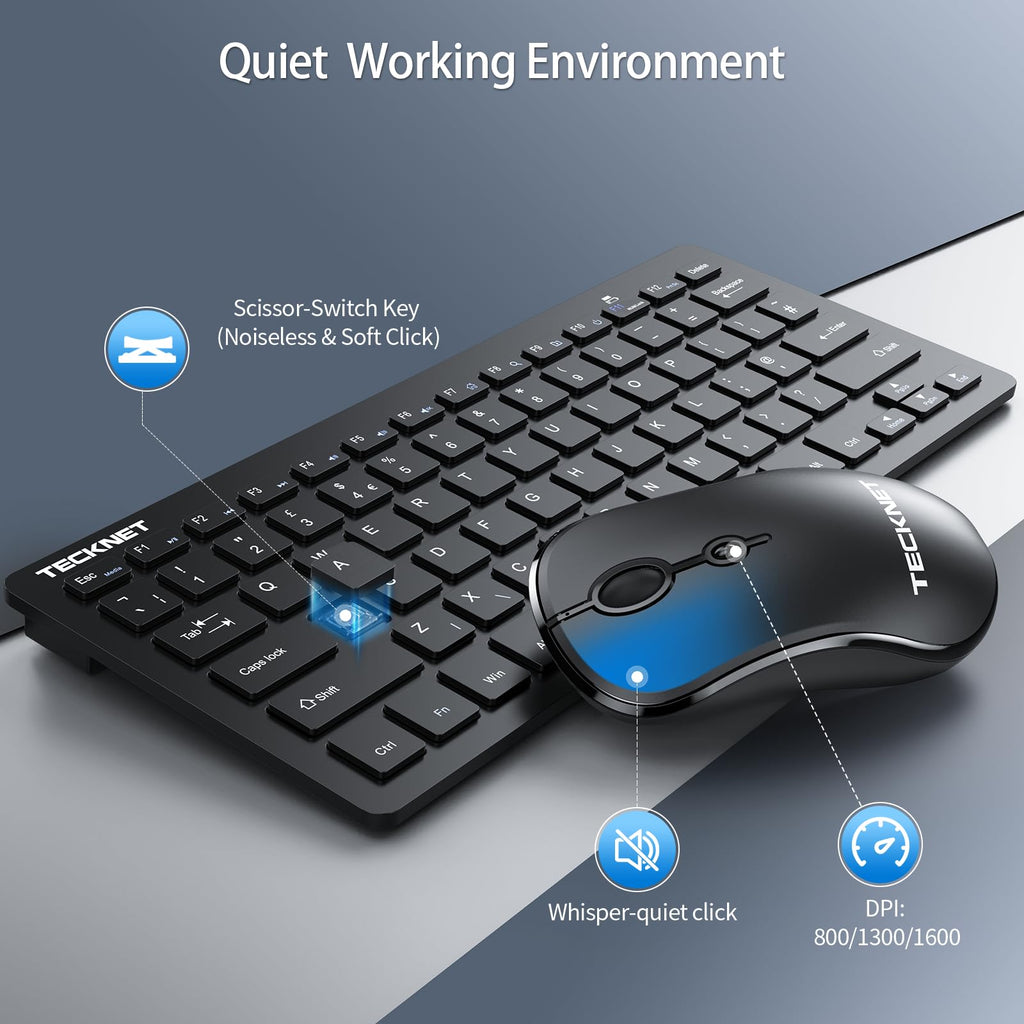 TECKNET Mini Wireless Keyboard and Mouse Set, 2.4G Cordless USB, Black
