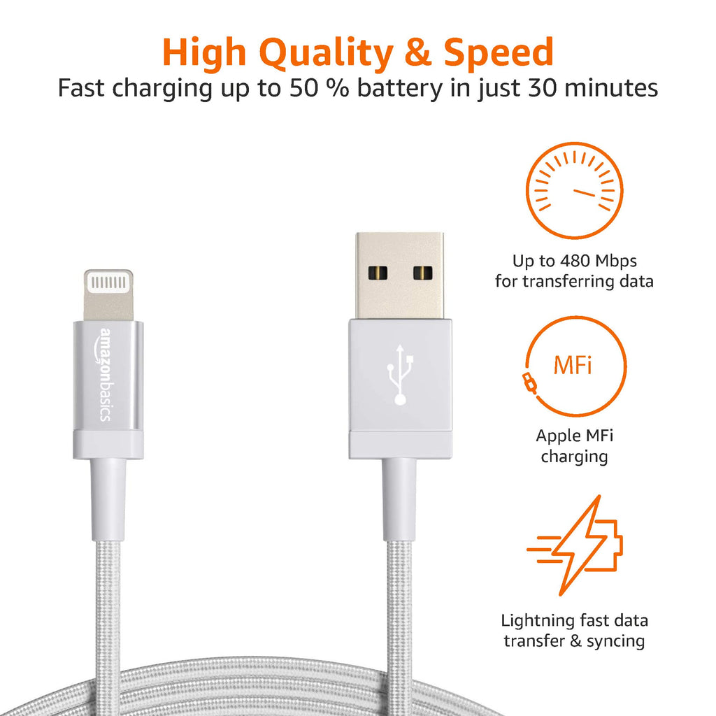 Amazon Basics USB to Lightning Cable, Nylon Braided Charger for iPhone 14 13 12 11 X iPad, 0.9 m, Silver