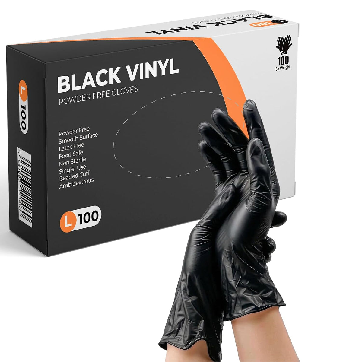 Black Vinyl Gloves, 100 Count, Powder Free & Latex Free, Multi-Purpose Black Disposable Gloves for Food Handling, Cooking, Cleaning & Medical Use (L, 100)