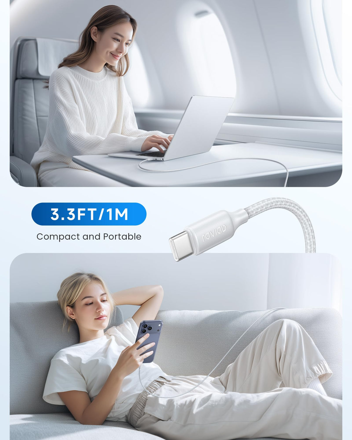 RAVIAD Short USB C Cable 15CM, Type C Charger Cable 3A Fast Charging Nylon Braided USB C Cable for iPhone 17/16/15, Samsung Galaxy S25/S24/S23/S22/S21, Note 10, Huawei P40/P30, Google Pixel -White