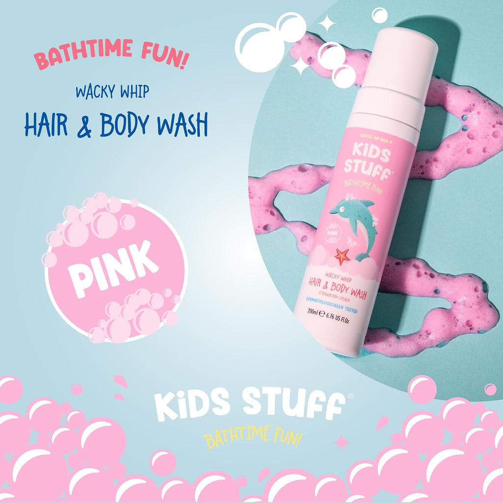 Kids Stuff Pink Wacky Whip Foaming Hair & Body Wash with Strawberry Swirl Fragrance | Dermatologically Tested Kids Hair & Body Wash | Gently Cleanses Hair & Skin | Vegan | Cruelty Free | 200ml