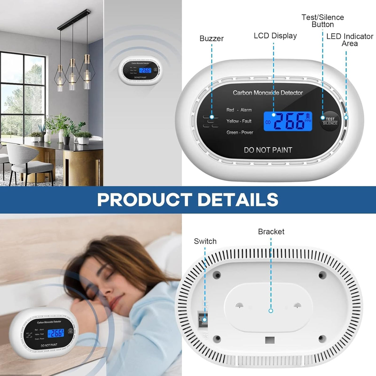 XINDUM Carbon Monoxide Detector 10-Year Battery LCD Display CE Black 1Pack