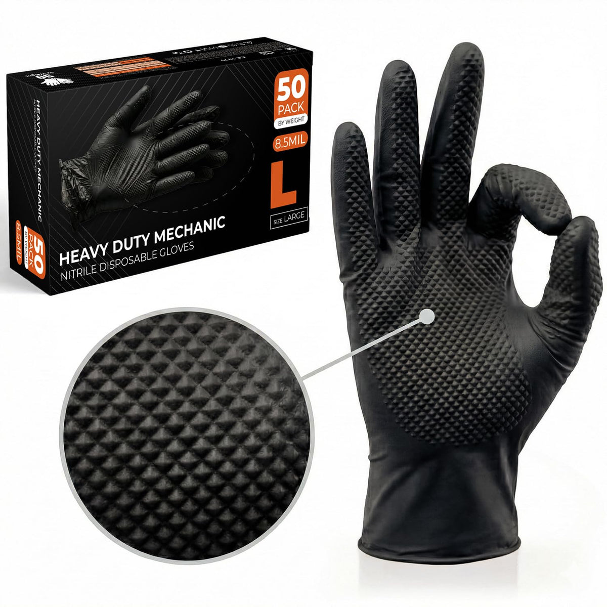The Real Touch Nitrile Gloves, 50 Count, Heavy-Duty Disposable Mechanic Gloves, Diamond Textured, Latex & Powder-Free, Non-Slip, Extra Thick, Ideal for Automotive, Industrial Tasks (Black - 50, L)