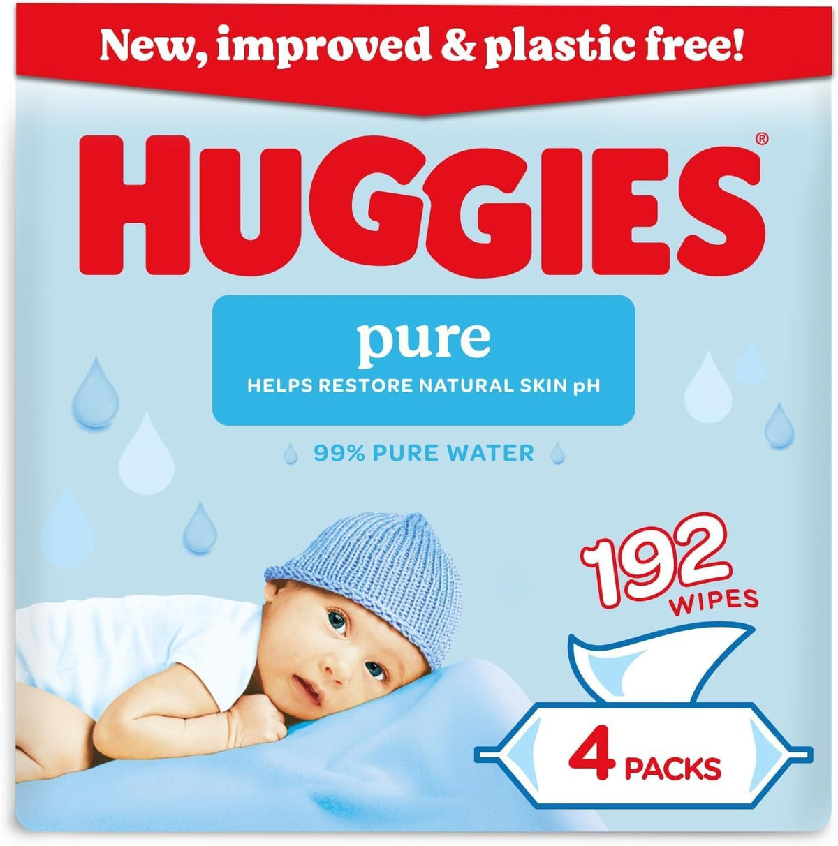 Huggies Pure Plastic Free Baby Wipes - Quad Pack (192 Wipes) - 99% Water Wet Wipes, Fragrance Free, Hypoallergenic, Better Cleaning, Soft and Gentle on Babies' Delicate Skin