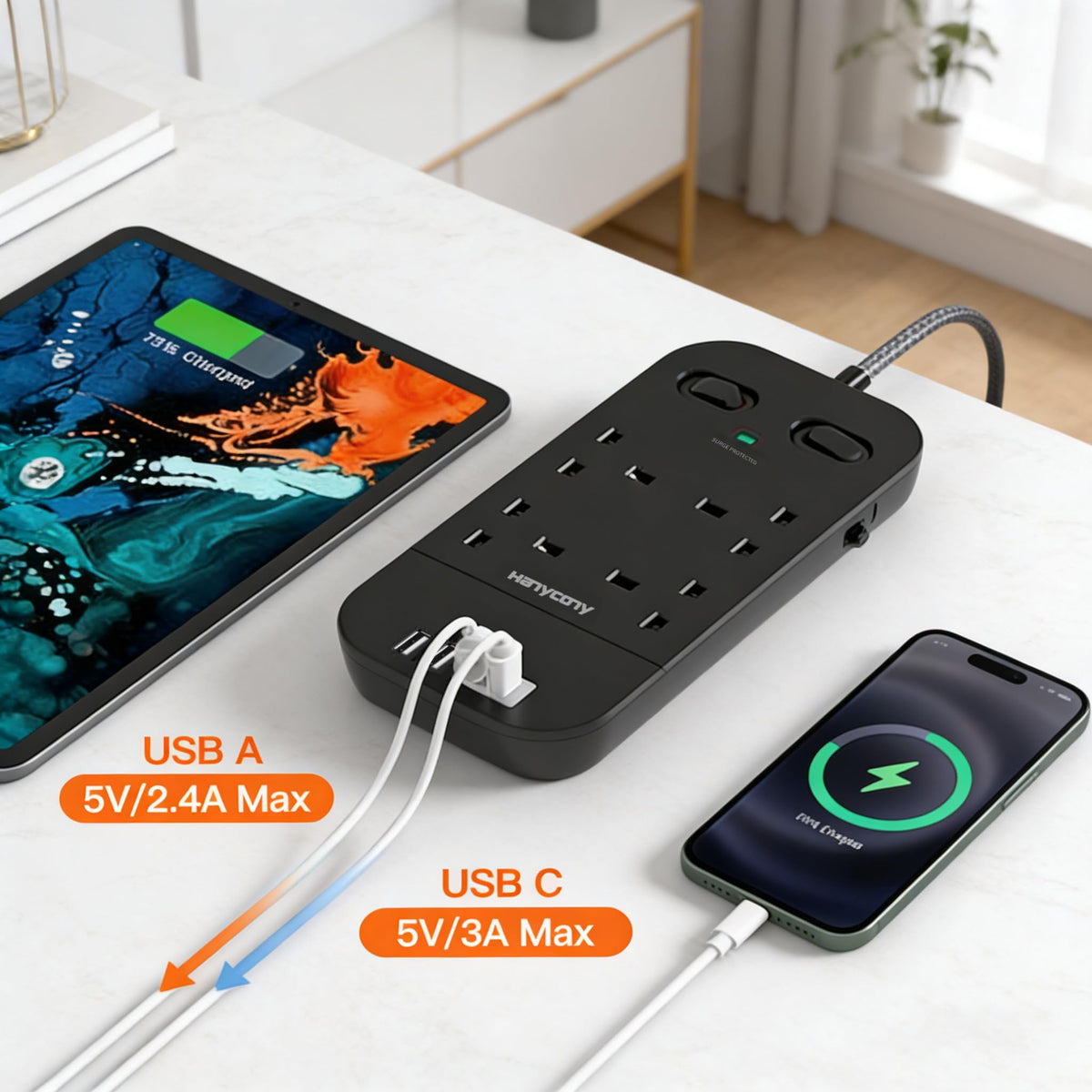 Extension Lead 5M, 4 Way Surge Protected Power Strip with USB C Slots