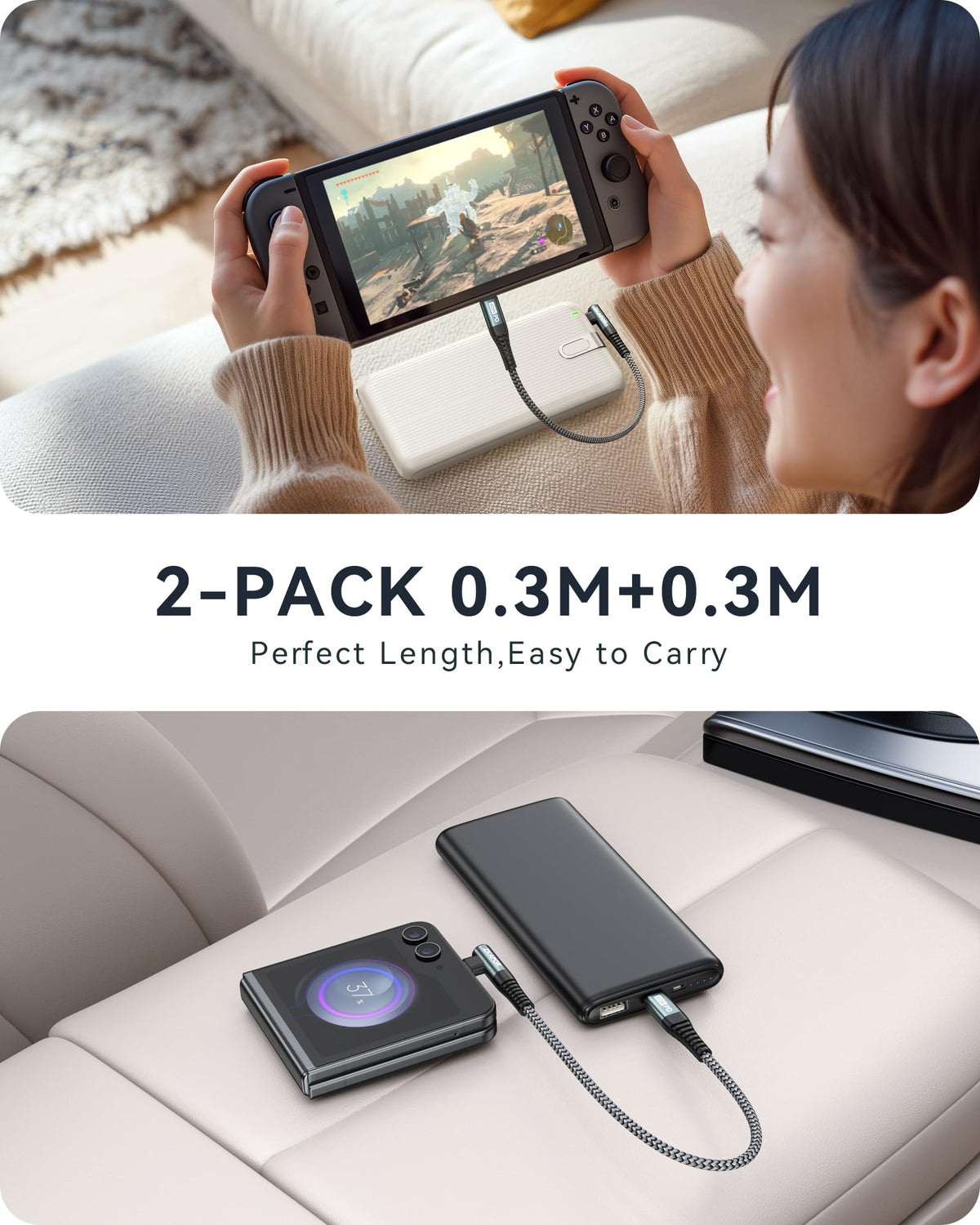 ZKAPOR USB C to USB C Cable 2Pack 3M, 60W Fast Type C Cable Right Angle