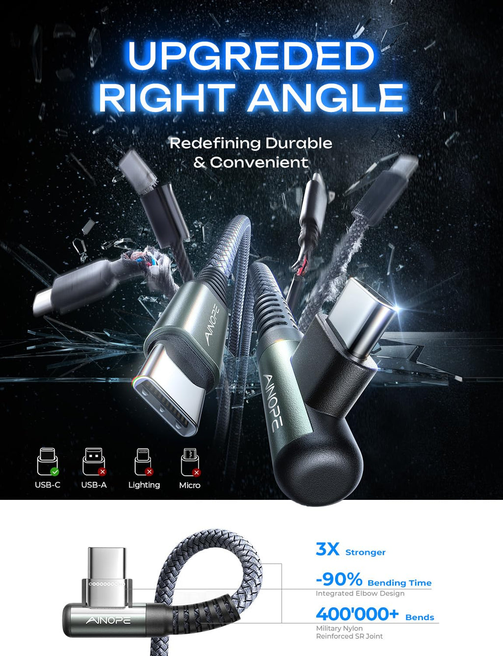 AINOPE USB C to USB C Cable 60W 3.1A, Type C to Type C Cable Right Angle, Compatible with Samsung Galaxy S21 S20, Note 20/10/9/8, MacBook Air/Pro 13'', iPad Mini 6/Pro/Air 2020,Pixel [0.5M]