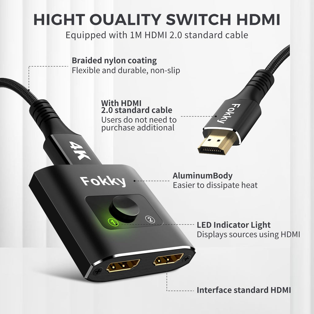 HDMI Switch 4K@60Hz, Bidirectional Hdmi Splitter 2 in 1 out / 1 In 2 out